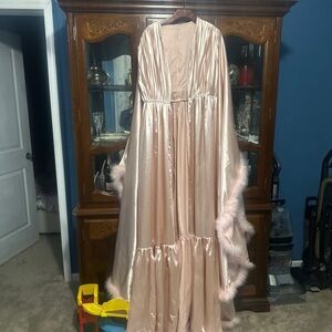 Elegant Pink Satin Robe with Feather Trim